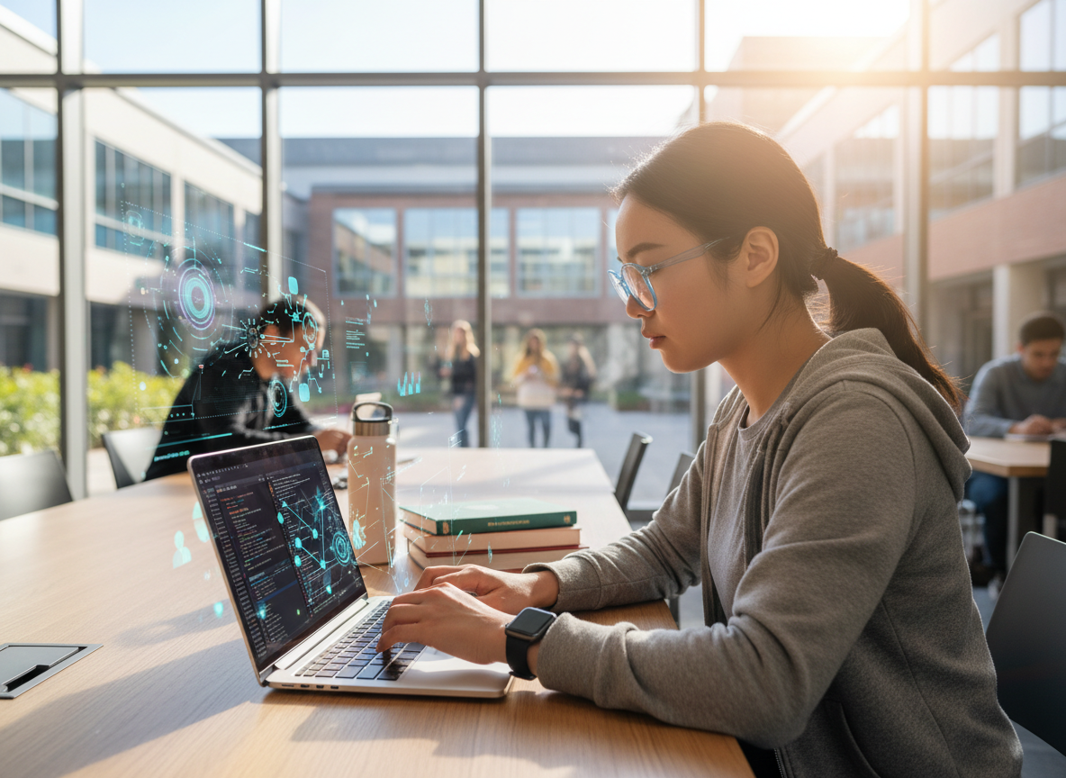 Vibrant hero-style image representing a tech-savvy honours Information Systems student working on a laptop with code and data visuals, in a modern campus setting