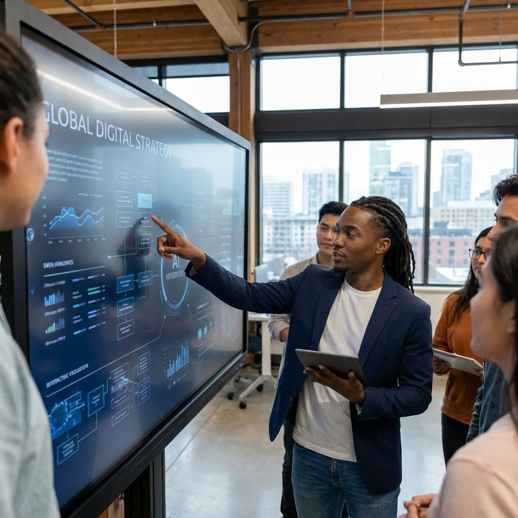Team collaborating on a global digital strategy using a large interactive screen.