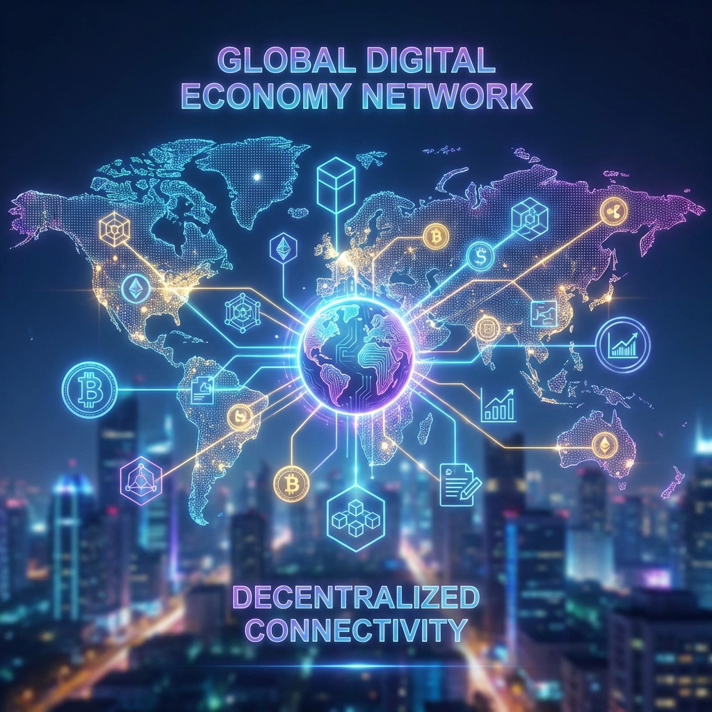 GLOBAL DIGITAL ECONOMY NETWORK and DECENTRALIZED CONNECTIVITY text with a digital world map.