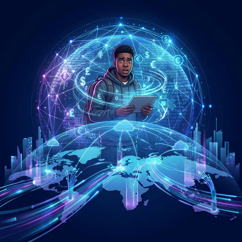 Digital globe with network lines and currency symbols connecting data streams across a world map.