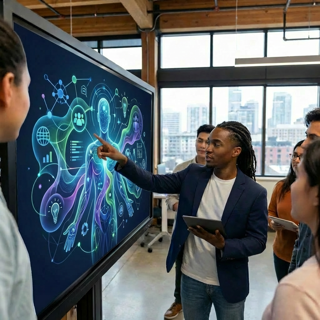 Diverse professionals collaborating around a large interactive screen displaying complex human-centered data visualizations.