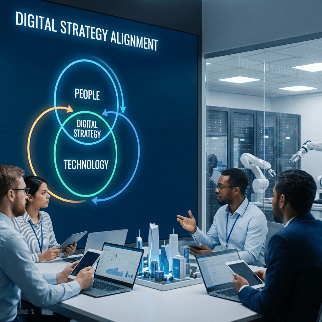 Professionals discuss a Digital Strategy Alignment diagram highlighting the synergy between People and Technology.