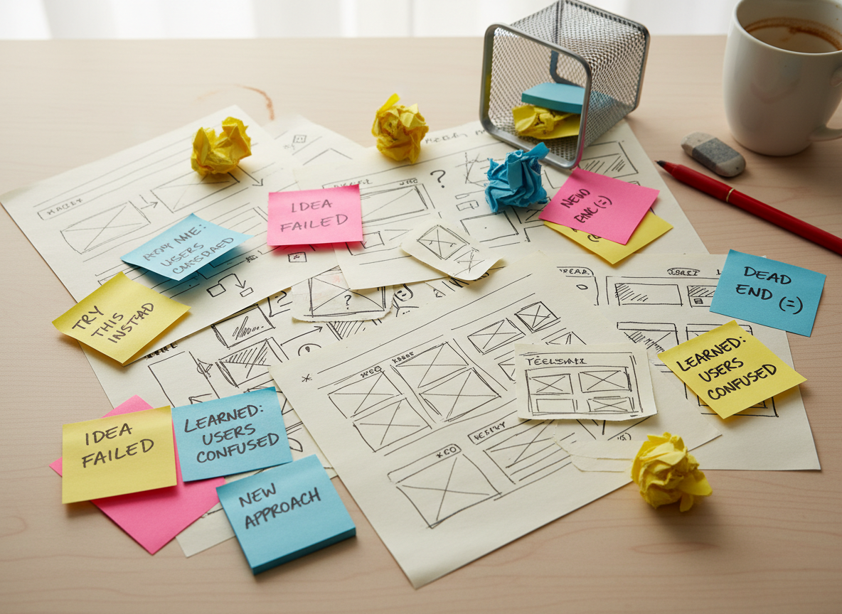 rough paper prototype sketches with sticky notes on a desk symbolizing rapid experimentation and learning from failure