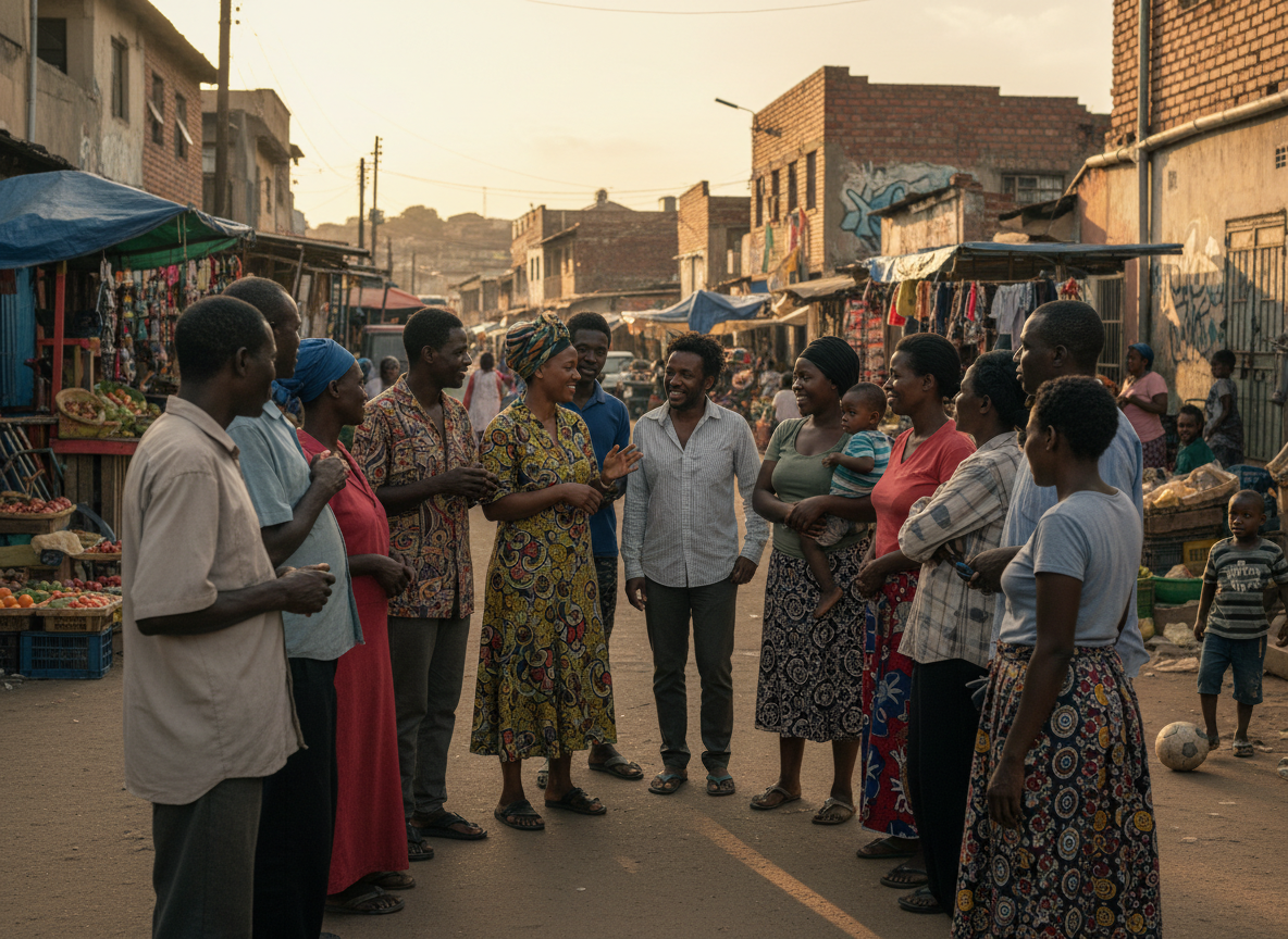 diverse community members standing together and talking in an urban township street, conveying empathy and connection