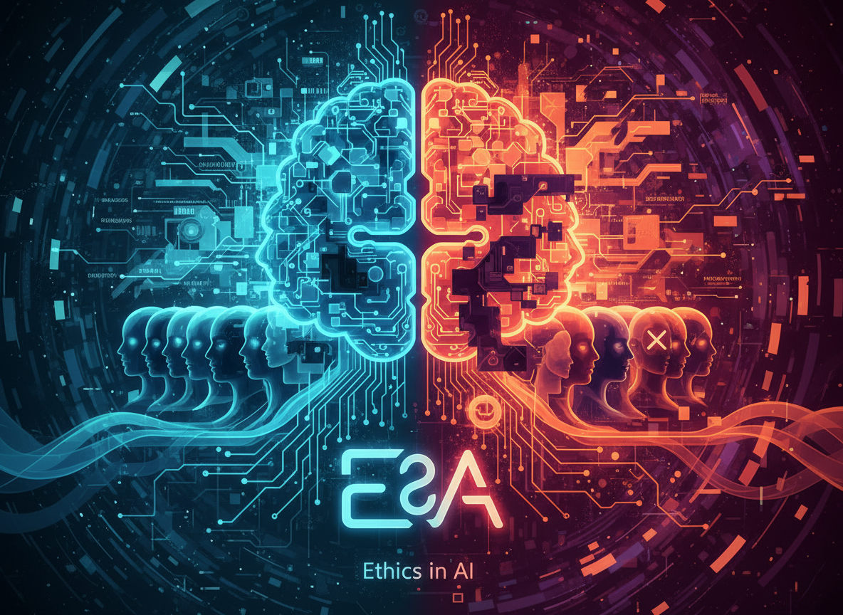 abstract illustration of artificial intelligence with human profiles and data streams, highlighting algorithmic bias and ethics