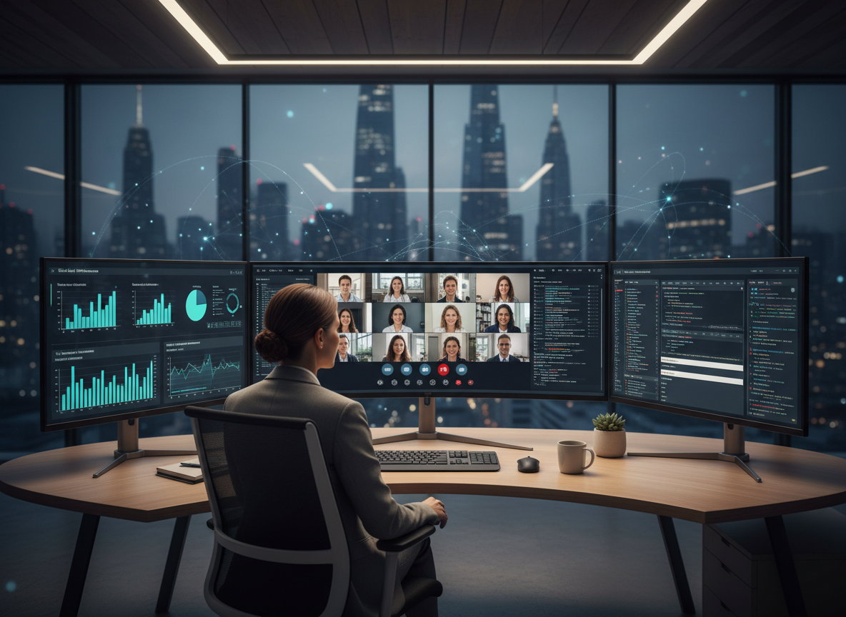 modern digital leader on a video call with a remote team, multiple screens and data visualizations in the background