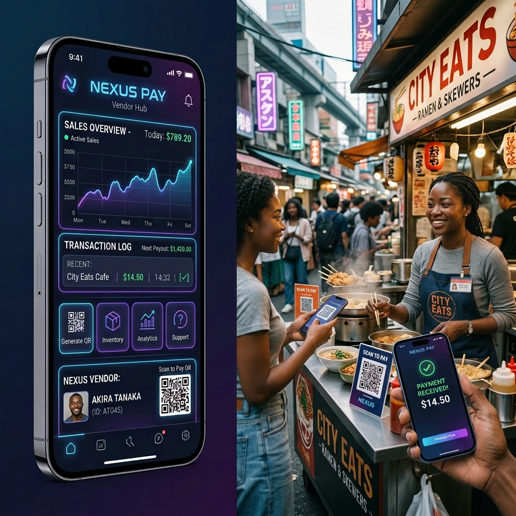 Customer making digital payment at street food stall with Nexus Pay app