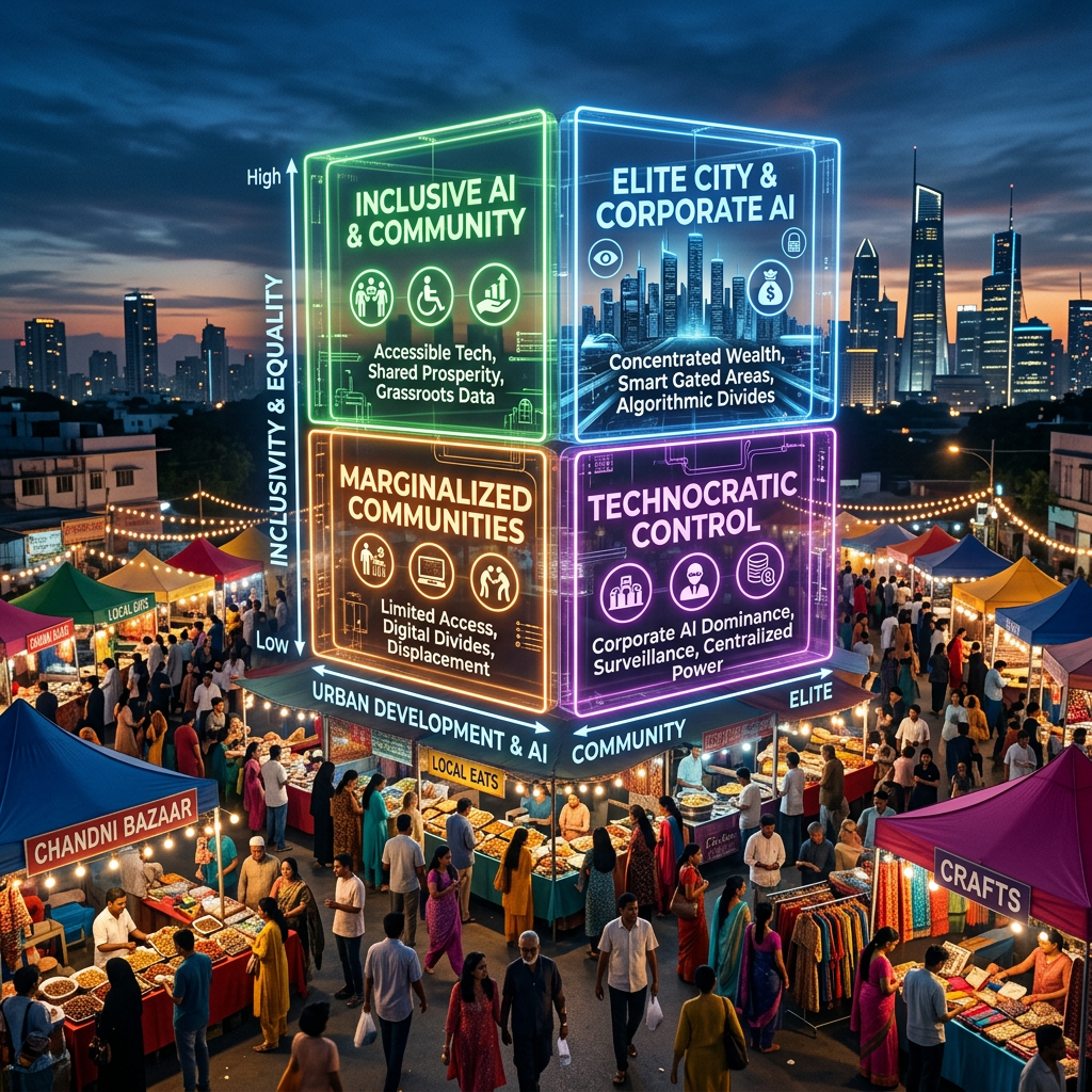 Market crowd below AI inclusivity and urban development cube categorizing communities and control levels
