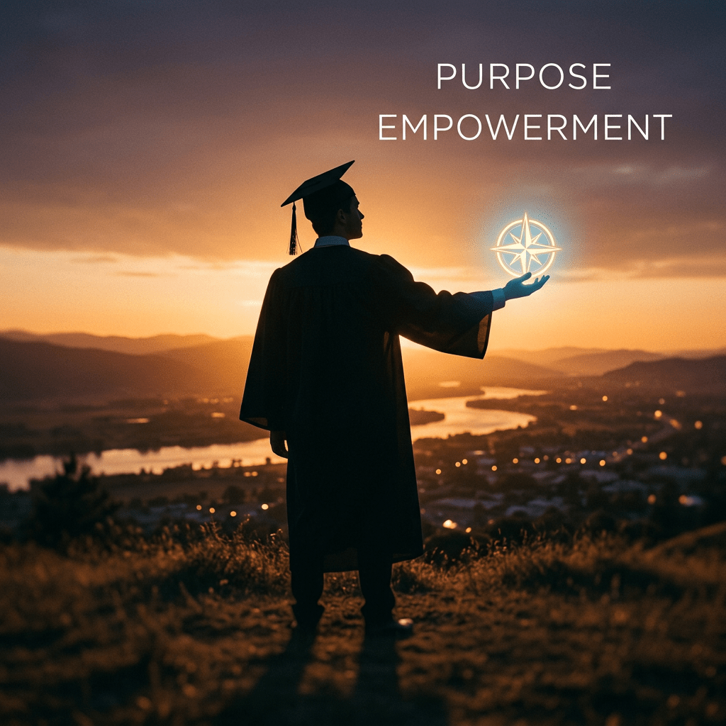 Graduate in cap and gown holding a glowing compass symbol with sunset background